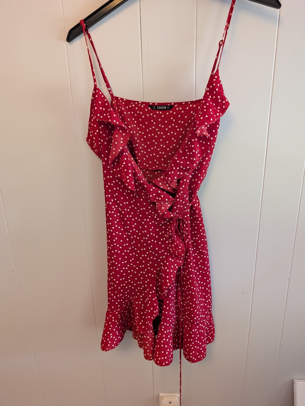 SHEIN Red Mini Wrap Dress with White Heart Print